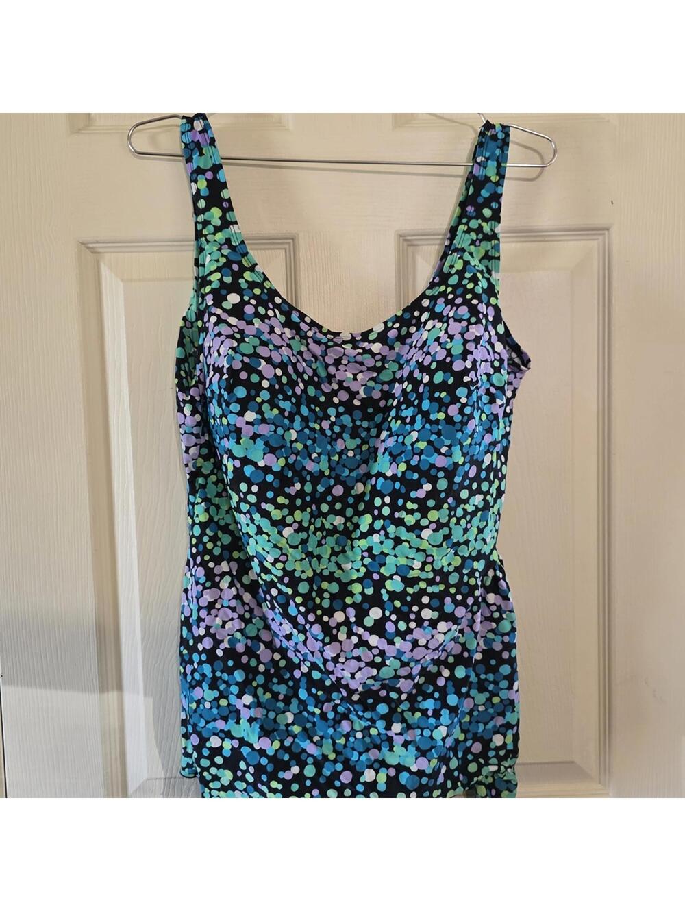 Delta Burke Multicolor Polka Dot Swimsuit- Black, Teal, Blue, Lavender
